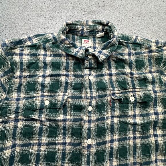 Levis Flannel Green Plaid Button Shirt Mens XL Relaxed Fit Long Sleeve Pockets - Picture 6 of 10